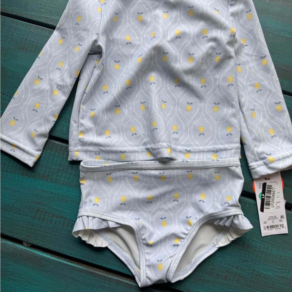 Carter's Girls Light Blue Rash Guard Swimsuit Set with Yellow Lemon Print